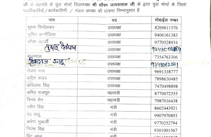 भारतीय जनता पार्टी युवा मोर्चा, जिला भिलाई की नई कार्यकारिणी घोषित, संगठन को मिले ऊर्जावान युवा नेतृत्व